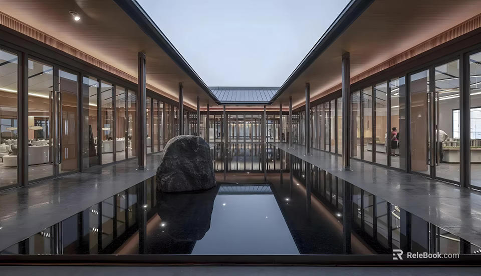 Modern Sales Office with Glass Facade Water Pond and Stone Feature in Open Courtyard Design 3d model 