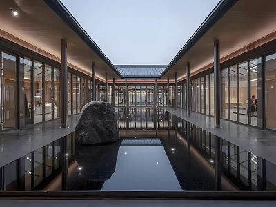 Modern Sales Office with Glass Facade Water Pond and Stone Feature in Open Courtyard Design 3d model