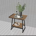 Modern Two Tier Side Table with Wooden Top Metal Frame Potted Plant and Soap Tray
