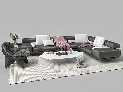 Modern L shaped Sofa with Coffee Table Set White Pillows Pink Blanket and Stuffed Koala 3d model