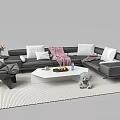 Modern L shaped Sofa with Coffee Table Set White Pillows Pink Blanket and Stuffed Koala