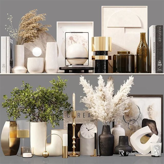 Modern Minimalist Decorative Ornament Set With Vases Framed Art Dried Plants And Geometric Decor 3d model 