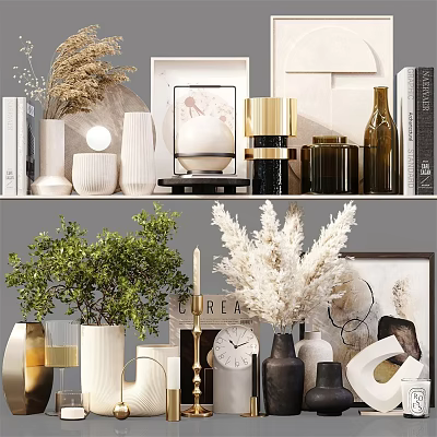 Modern Minimalist Decorative Ornament Set With Vases Framed Art Dried Plants And Geometric Decor 3d model