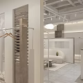 Modern Clothing Store Interior Design With White Walls Wooden Shutters Transparent Racks And Green Chair