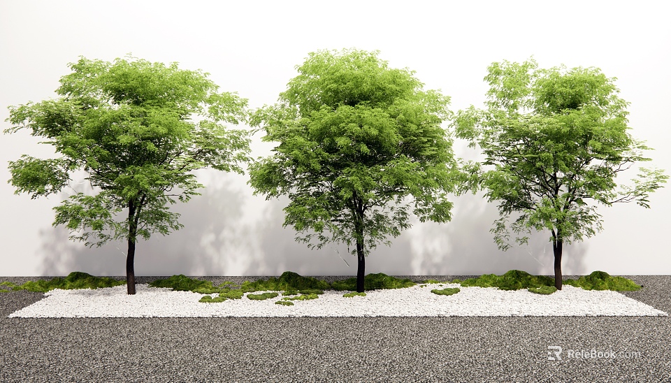 Lush Trees With Green Leaves Against White Wall Gray Gravel Ground Green Grass White Pebbles 3d model 