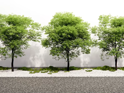 Lush Trees With Green Leaves Against White Wall Gray Gravel Ground Green Grass White Pebbles 3d model