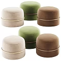 Round Upholstered Ottomans In Beige Green Brown With Wooden Trim