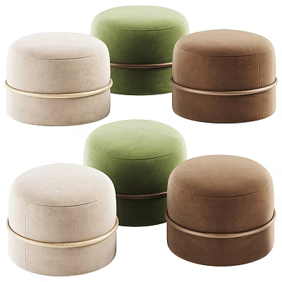 Round Upholstered Ottomans In Beige Green Brown With Wooden Trim 3d model
