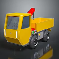 Small Yellow Utility Vehicle with Open Cargo Bed and Red Crane Attachment