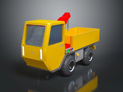 Small Yellow Utility Vehicle with Open Cargo Bed and Red Crane Attachment 3d model