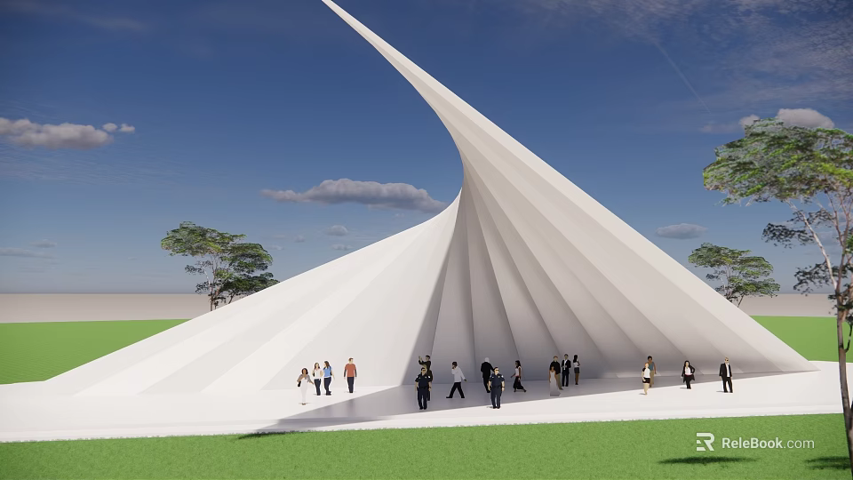 Outdoor White Curved Architectural Structure With Green Grass People And Blue Sky 3d model 
