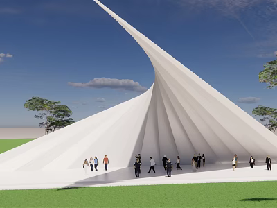 Outdoor White Curved Architectural Structure With Green Grass People And Blue Sky 3d model