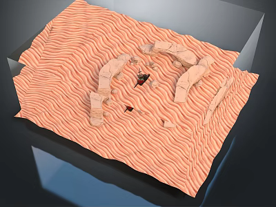 Architectural Model Featuring Arched Structures On Wavy Orange Terrain With Small Black Figures 3d model