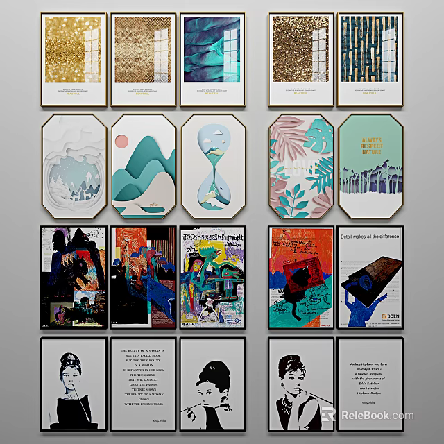 Various Decorative Wall Art Prints With Mountain Landscapes Tropical Leaves And Abstract Figures 3d model 