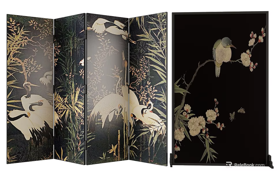 Oriental Art Screen With Cranes Birds And Flowers 3d model 