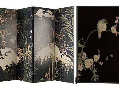 Oriental Art Screen With Cranes Birds And Flowers 3d model