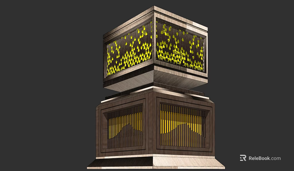 Modern Outdoor Light With Multi Layer Wooden Frame And Yellow Illumination Through Geometric Pattern Panels 3d model 