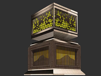Modern Outdoor Light With Multi Layer Wooden Frame And Yellow Illumination Through Geometric Pattern Panels 3d model