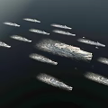 Modern Military Warships Sailing in Formation with Large and Small Vessels at Sea