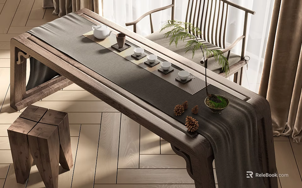 Natural Wooden Tea Table And Chairs With Tea Set Green Plants And Natural Light 3d model 