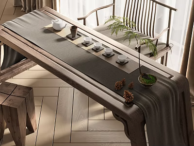 Natural Wooden Tea Table And Chairs With Tea Set Green Plants And Natural Light 3d model