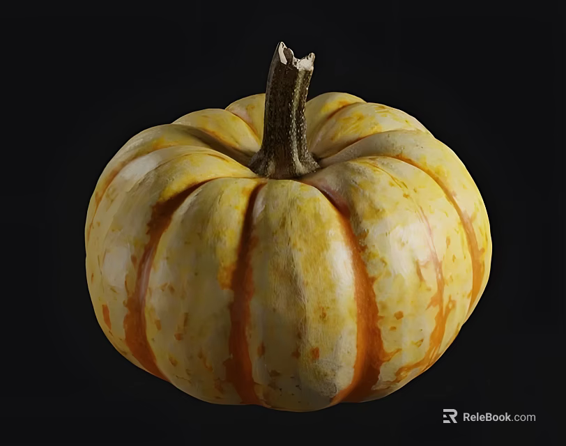 Fresh Whole Pumpkin with Yellow and Orange Striped Texture on Black Background 3d model 
