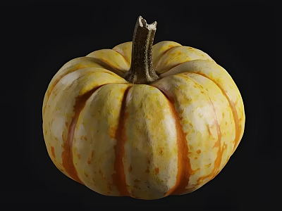 Fresh Whole Pumpkin with Yellow and Orange Striped Texture on Black Background 3d model