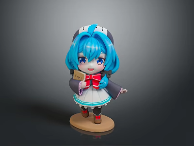 Game and Movie Character Chibi Style With Blue Hair Maid Outfit Holding Envelope Stand Base 3d model