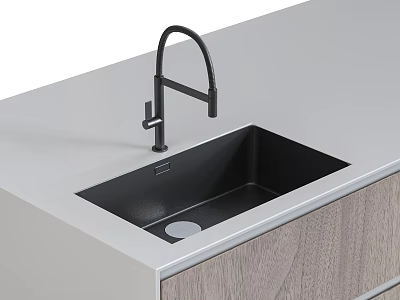 Modern Black Kitchen Sink With Black Faucet On Gray Countertop And Wooden Cabinets 3d model