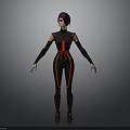 Stylish 3D Model Female Character With Purple Hair Black Bodysuit And Red Lines