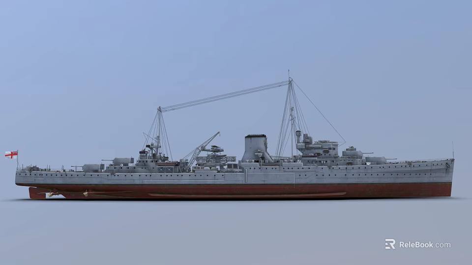 Large Warship with Crane and Smokestack White and Brown Hull Against Blue Sky Background 3d model 