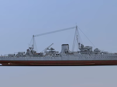 Large Warship with Crane and Smokestack White and Brown Hull Against Blue Sky Background 3d model