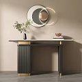 Modern Elegant Console Table With Marble Top Green Plant In Vase And Round Wall Mirror