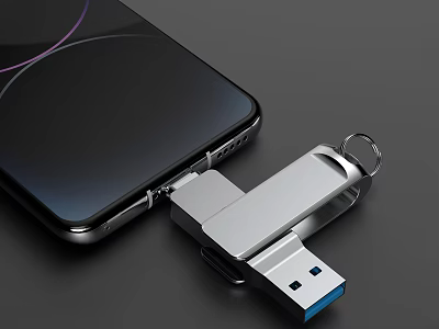 Smartphone Connected To Metallic USB Flash Drive For Data Storage Transfer 3d model