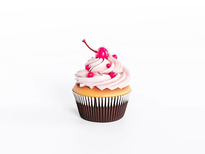 Delicious Pink Frosted Cupcake With Fresh Cherry Topping And Brown Paper Liner 3d model