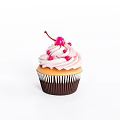 Delicious Pink Frosted Cupcake With Fresh Cherry Topping And Brown Paper Liner