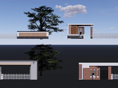 Modern Entrance Gate Design With White Fence Tree Brick Wall And Wooden Accents 3d model