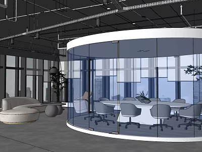 Modern Circular Glass Partition Meeting Room With Conference Table Chairs And City View 3d model