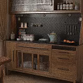 Wooden Sideboard with Perforated Panel Hanging Utensils Spices Bottles Kettle Glass Doors Drawers Oranges