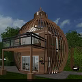 Unique Dome Shaped Wooden House With Glass Railing Balcony On Green Lawn Surrounded by Trees