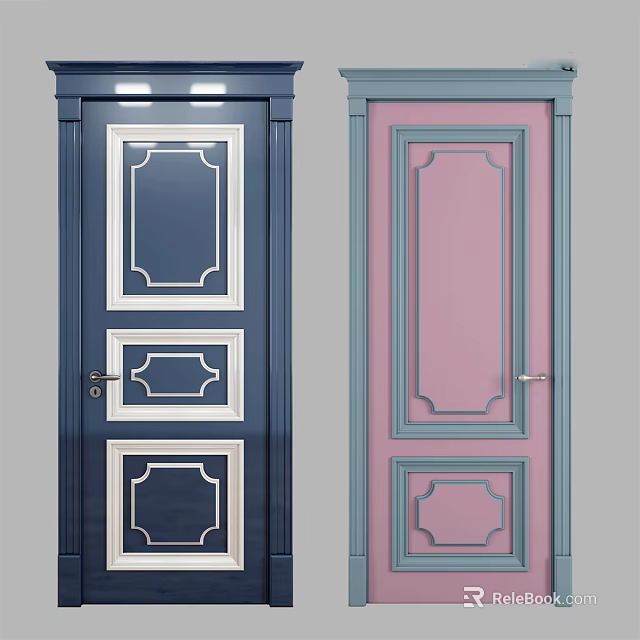 Elegant Swing Doors With Blue Pink Panels Decorative White Trim And Geometric Patterns 3d model 