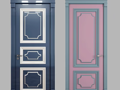 Elegant Swing Doors With Blue Pink Panels Decorative White Trim And Geometric Patterns 3d model