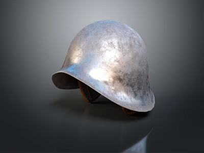 Vintage Silver Worn Metallic Helmet on Dark Reflective Surface 3d model
