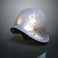 Vintage Silver Worn Metallic Helmet on Dark Reflective Surface 3d model
