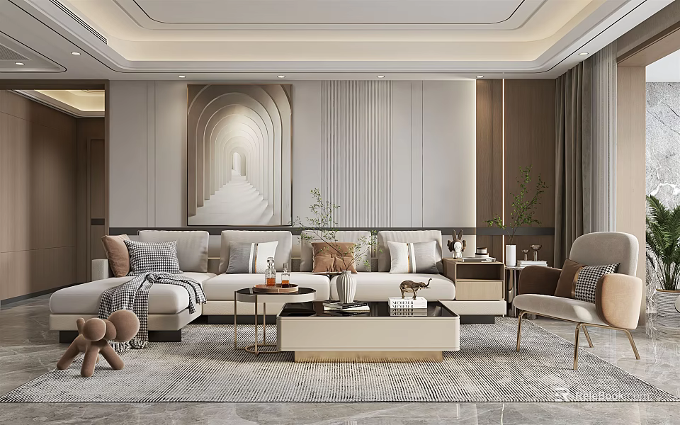 Modern Living and Dining Room Interior Design With Sofa Coffee Table Dining Set and Artwork 3d model