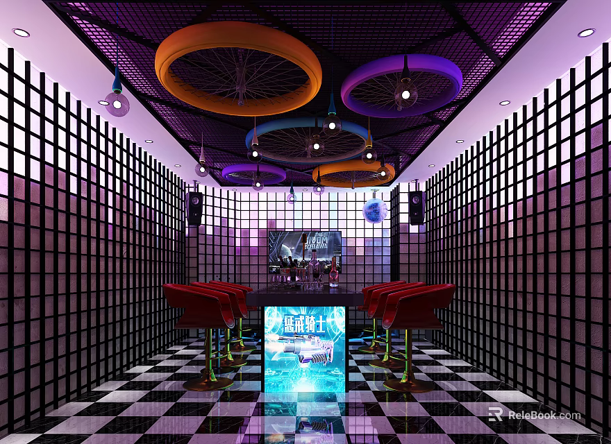 Colorful KTV Room Interior With Purple Ceiling Ring Decor Grid Walls Checkered Floor Red Stools 3d model 