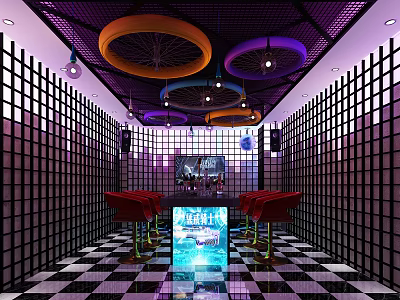 Colorful KTV Room Interior With Purple Ceiling Ring Decor Grid Walls Checkered Floor Red Stools 3d model