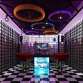 Colorful KTV Room Interior With Purple Ceiling Ring Decor Grid Walls Checkered Floor Red Stools