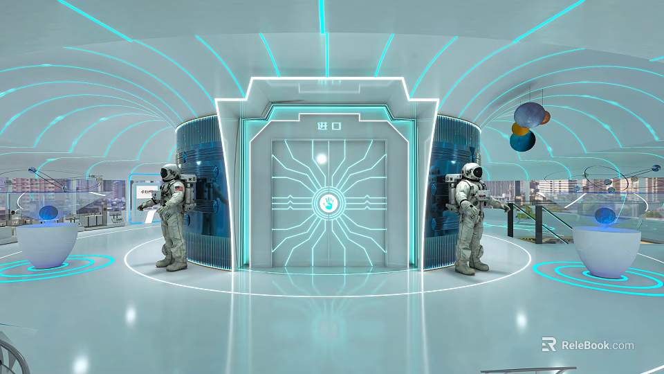 Futuristic Space Station Interior With Illuminated Central Door And Two Astronauts 3d model 