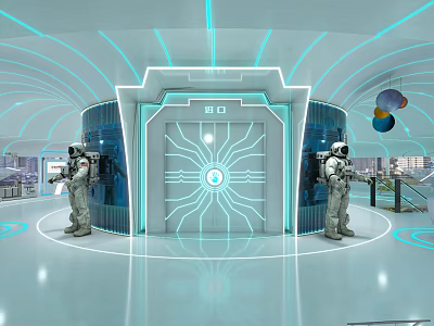 Futuristic Space Station Interior With Illuminated Central Door And Two Astronauts 3d model